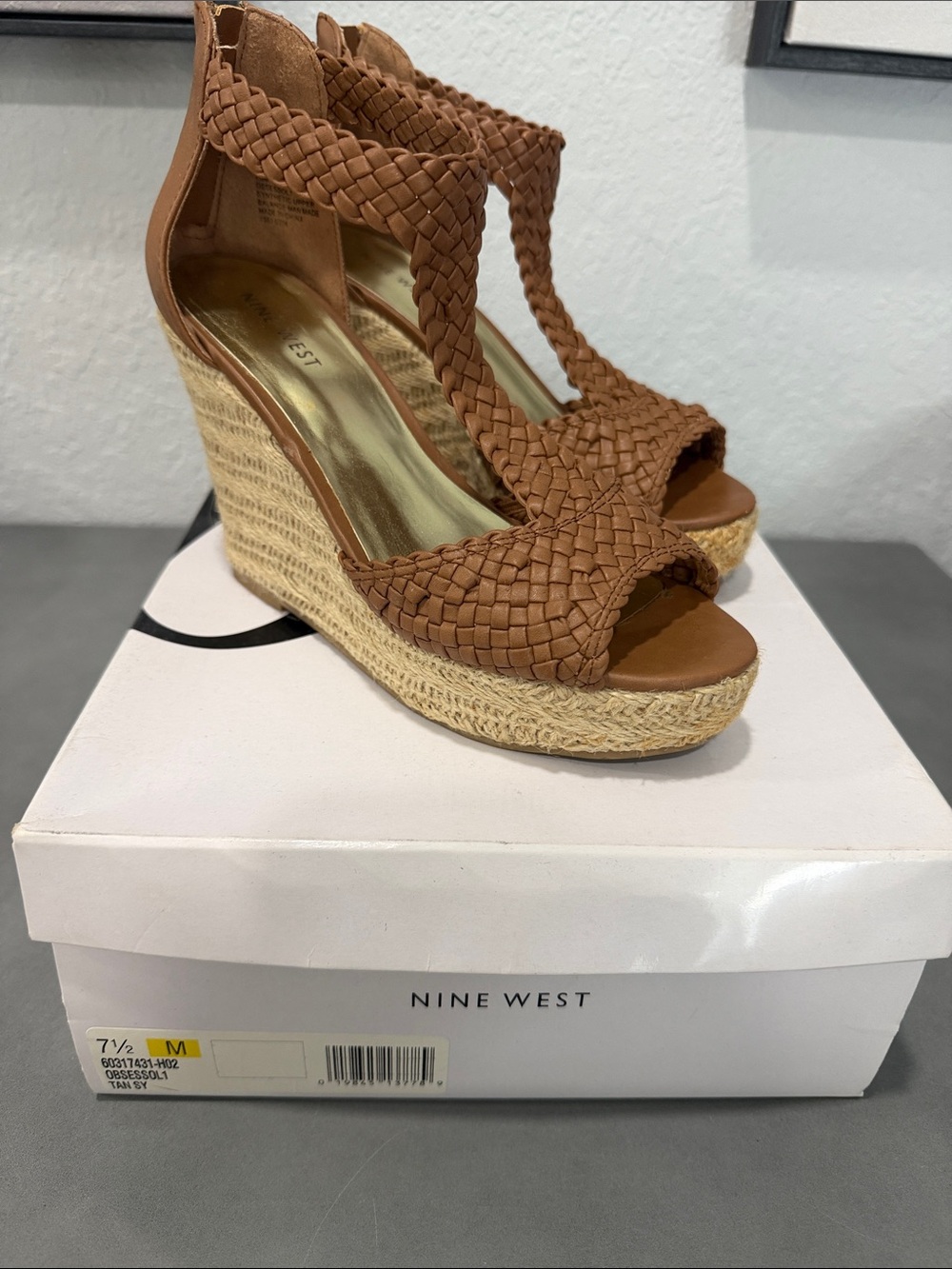 Nine West Brown Braided Espadrille Wedge Sandals